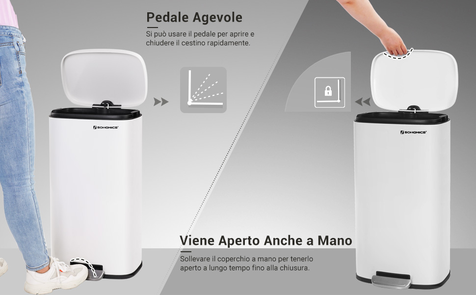 Songmics Cestino Della Spazzatura Della Cucina, Pattumiera A Pedale Di 30 Litri, Con Cestino Interno In Plastica, Coperchio A Cerniera, Chiusura Lenta, A Prova Di Odore E Igienico, Bianco 11 2/