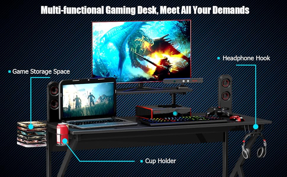 COSTWAY Gaming Computer Desk With Monitor Shelf, Audio Stand, Cup Holder And Headphone Hook, K-Shaped Adjustable Ergonomic PC Racing Table Study Workstation For Home Office 15 f
