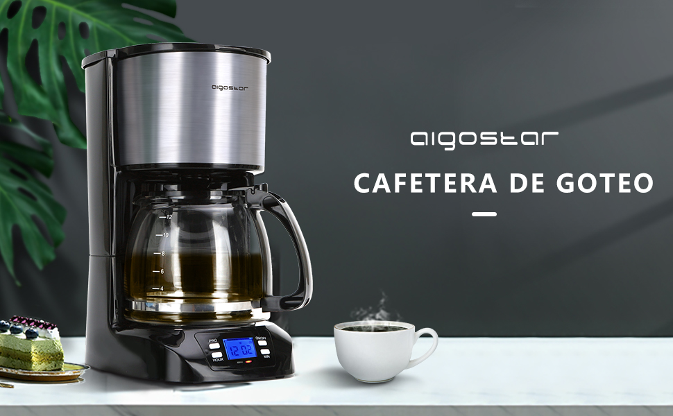 Cafetera De Goteo, 1.5 L(12 Tazas) Con Temporizador Programable, Filtro Reutilizable, Pantalla LCD, 800W, Cafetera Americano Con Auto Apagado, Función Mantener Caliente, Acero Inoxidable - Aigostar Be 13 Cafetera de goteo