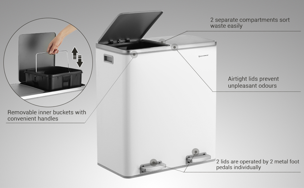 Songmics Dual Rubbish Bin, 2 X 30L Recycling Bin, Metal Pedal Bin, With Dual Compartments, Plastic Inner Buckets And Hinged Lids, Handles, Soft Closure, Airtight, White LTB60WT 12 1