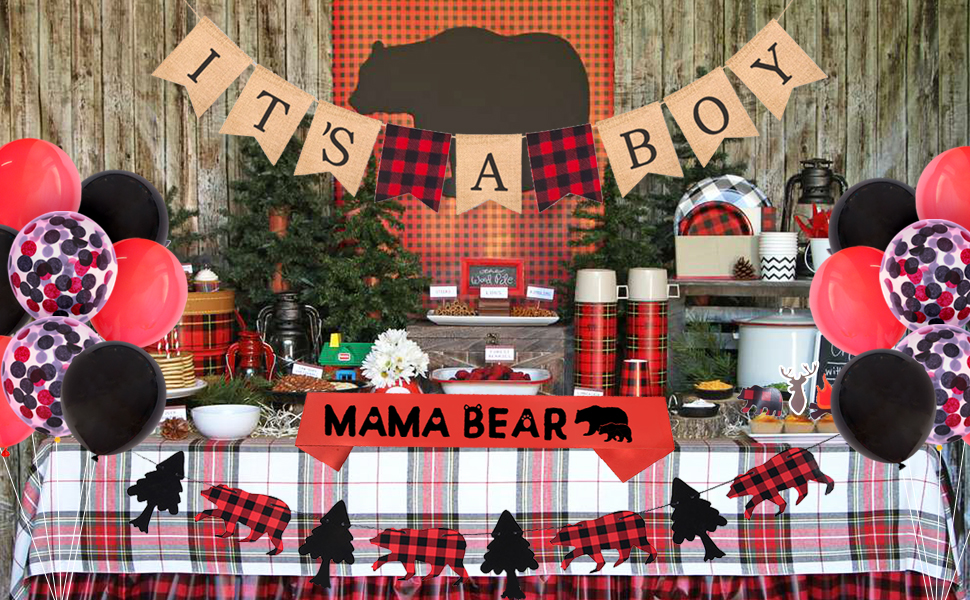 Black And White Buffalo Plaid Baby Shower Decorations Lumberjack Theme 