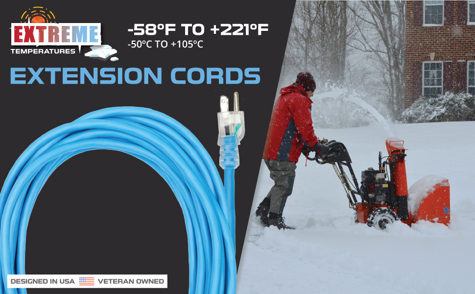 25 Ft All Weather Extension Cord Stays Flexible in Extreme Cold & Hot