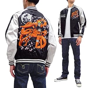 新品 朧×NARUTO疾風伝 スカジャン ナルト サスケ 赤 刺繍 激レア ナルト×朧(おぼろ) コラボ サテン スカジャン 華鳥風月 9001823