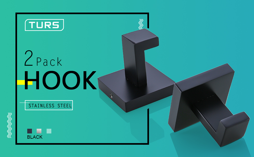 TURS Bathroom Towel Hook Matte Black Robe Clothes Coat Hooks Stainless Steel Wall Hooks, 2 Packs