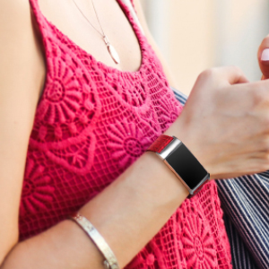 a woman with a red woven band