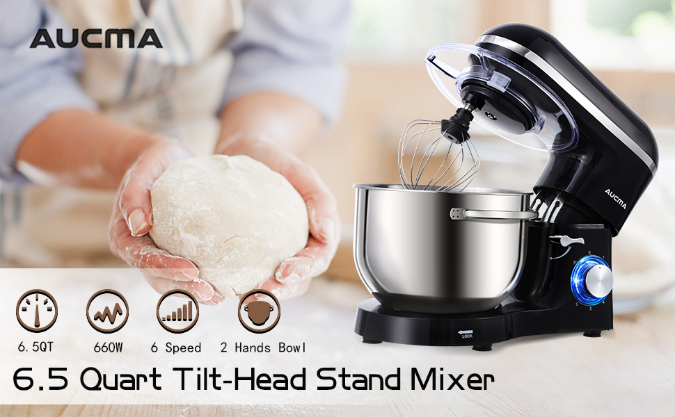 Aucma Stand Mixer,6.5QT 660W 6Speed TiltHead Food Mixer, Kitchen