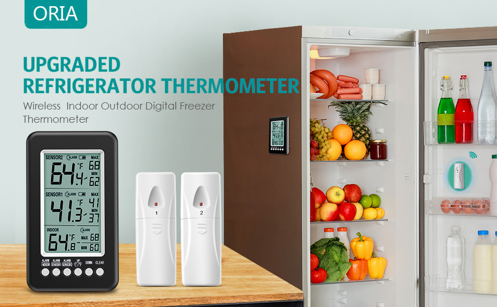 ORIA Refrigerator Thermometer, 2 Wireless Indoor Outdoor