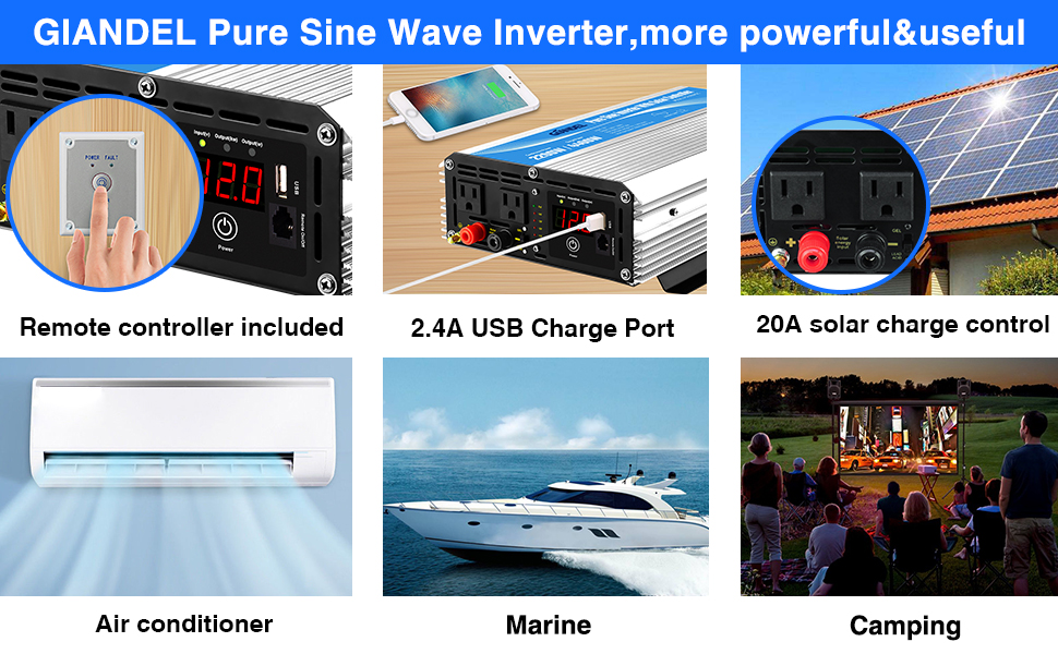 GIANDEL 2200W Pure Sine Wave Power Inverter 12V DC to 120V AC with 20A