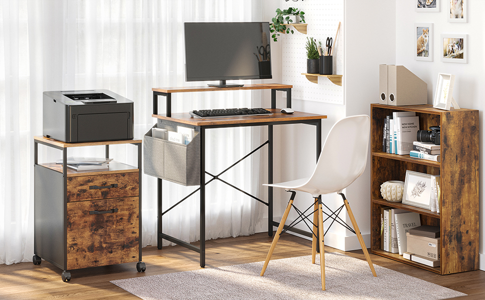 Songmics VASAGLE Computer Desk, Writing Study Desk With Monitor Stand, Fabric Storage Bag, X-Bars, Adjustable Feet, 80 X 55 X 90 Cm, For Home Office, Industrial, Rustic Brown And Black LWD080B01 10 1