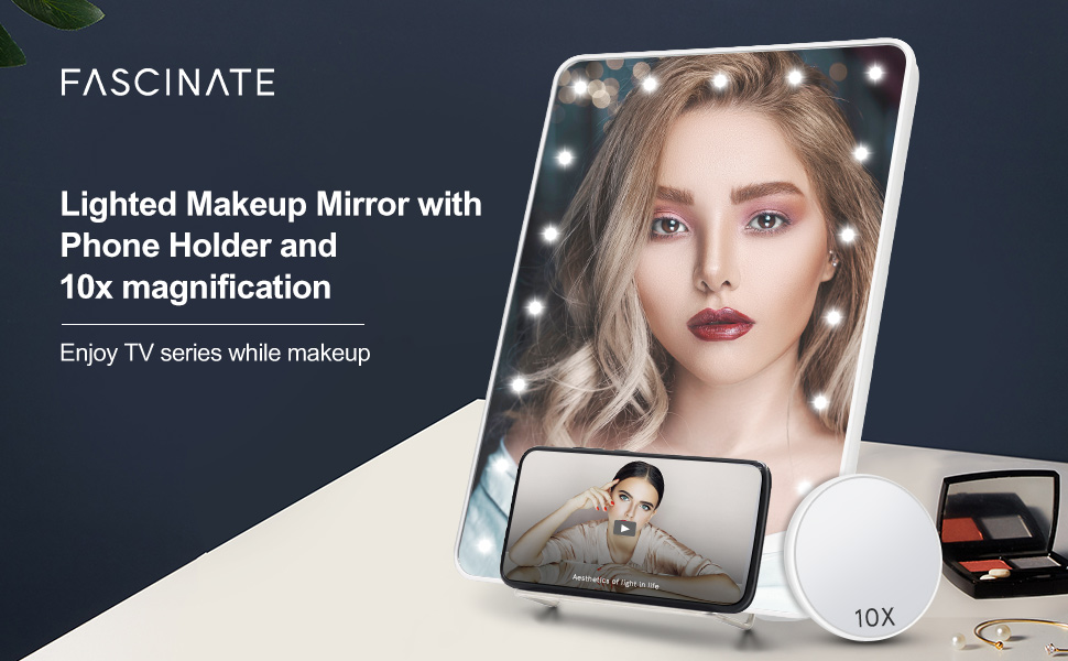 FASCINATE Portable LED Makeup Mirror with Phone Holder and 10X