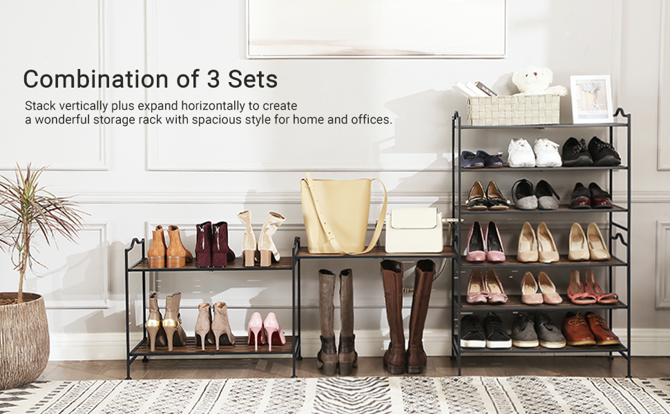SONGMICS 3 Tier Stackable Expandable Shoe Rack with Adjustable Shelves