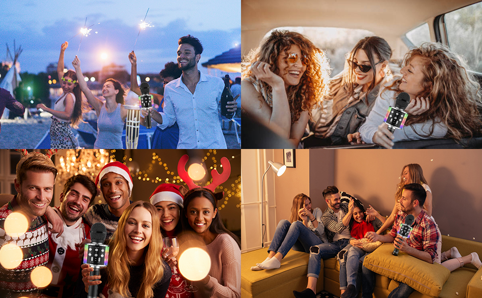 Wireless 4 in 1 Bluetooth Karaoke Microphone with LED Lights, Portable Microphone for Kids
