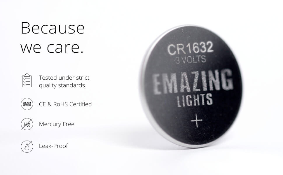 EmazingLights CR1632 Battery Packs because we care tested certified mercury free leak proof