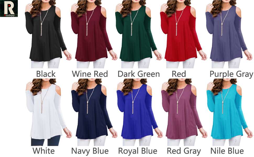  Long Sleeve Casual Cold Shoulder Tunic Tops Loose Blouse Shirts