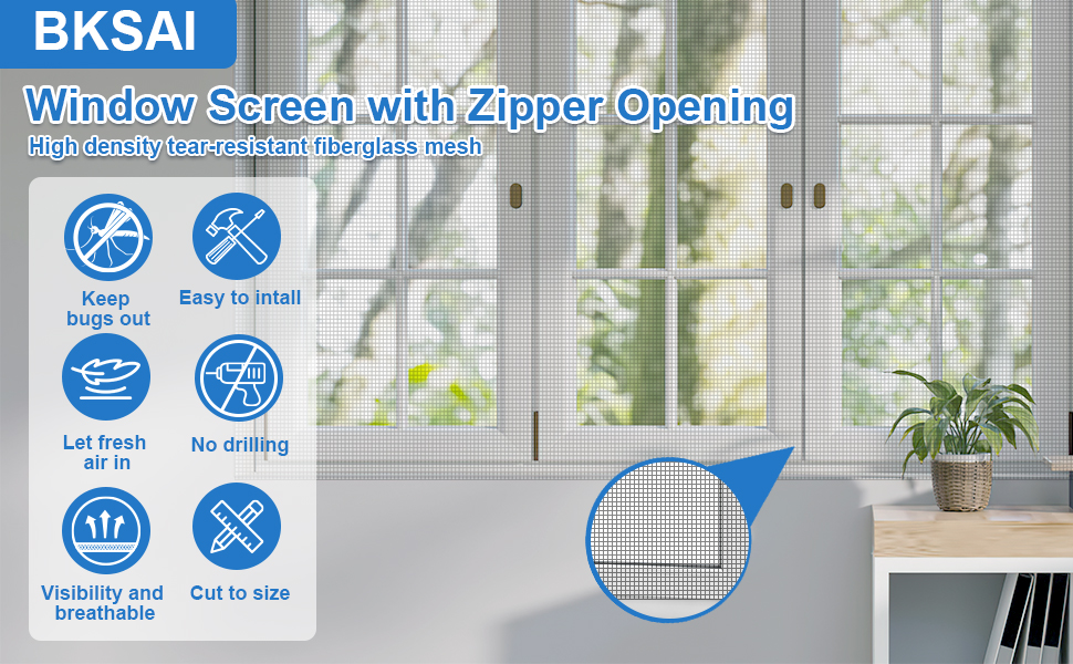 BKSAI Window Net with Zip Bug Net for Windows Fits Any Size 130x150CM