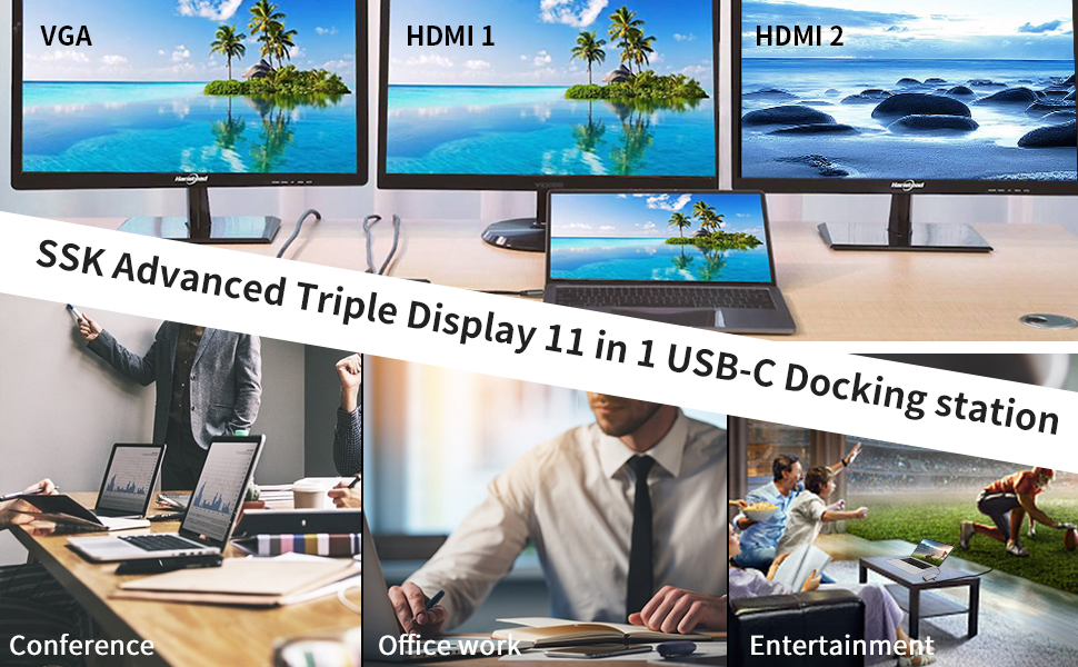 SSK 11 in 1 USB C Hub docking station adapter for laptop dual monitor hdmi vga triple display