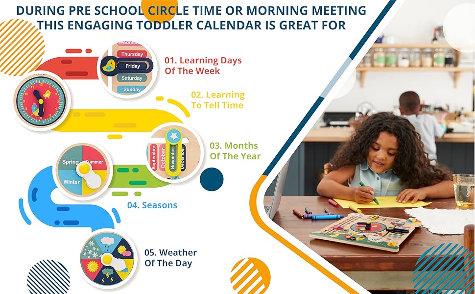 Days of the week, seasons, clock, weather