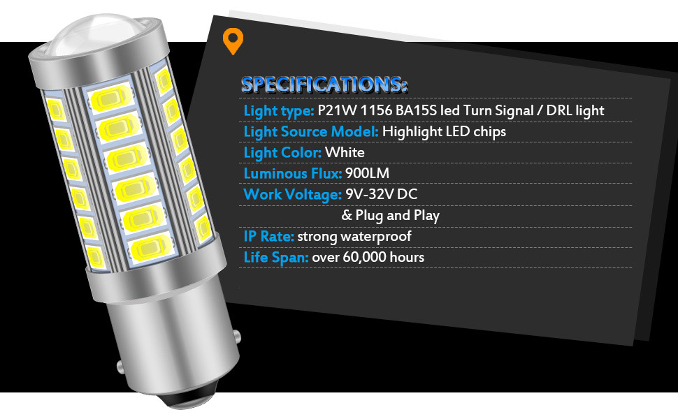 KATUR 2pcs 1156 BA15S 1141 7056 5630 33SMD White 900 Lumens 6000K