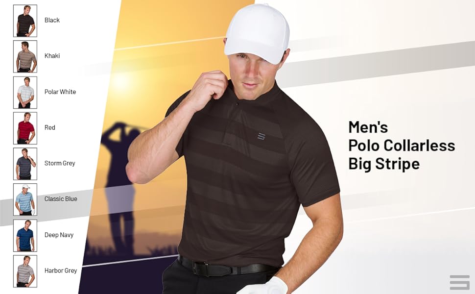 Men's collarless big stripe golf polos. Performance polos that come in a variety of colors.