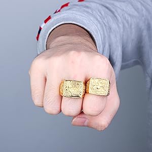 Men's 18K Gold Plated Rings Wedding Ring Rich/Luck/Wealth Ring Set Adjustable