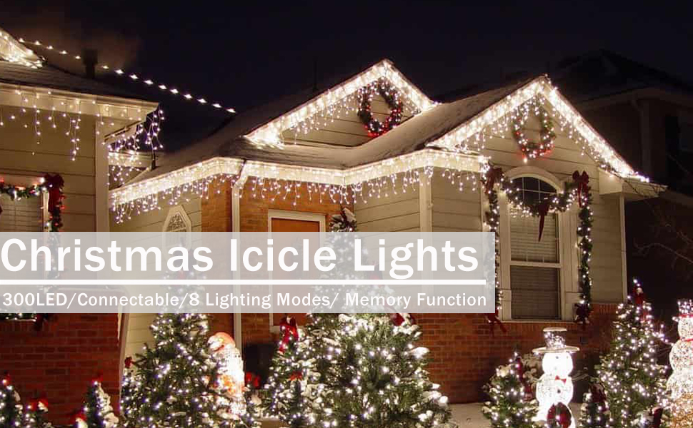 Joomer Icicle Outdoor Christmas Lights, 29ft 300 LED White Christmas