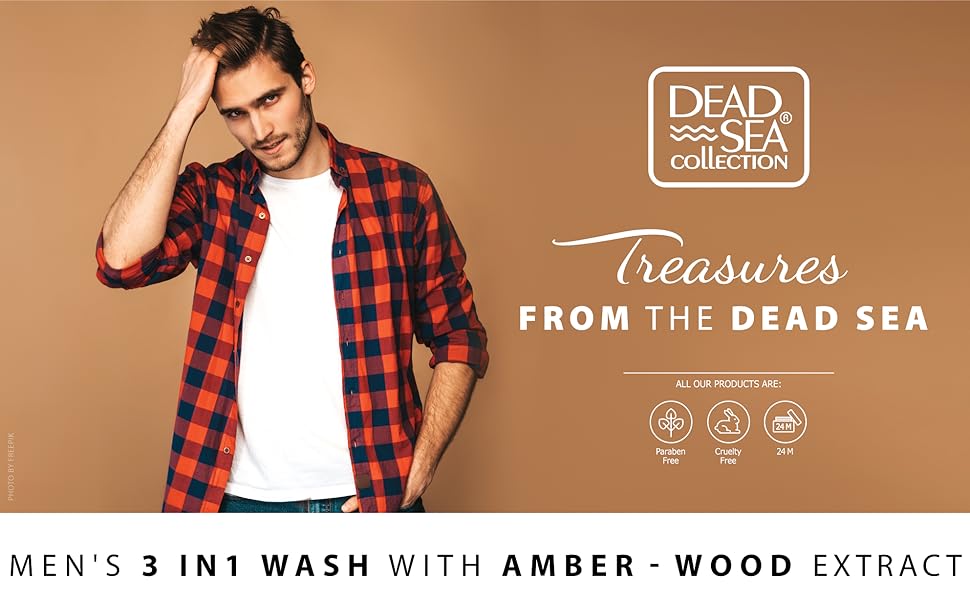 Men's 3 in 1, Dead Sea Collection, Amber-wood, hair, face, and body wash, natural minerals