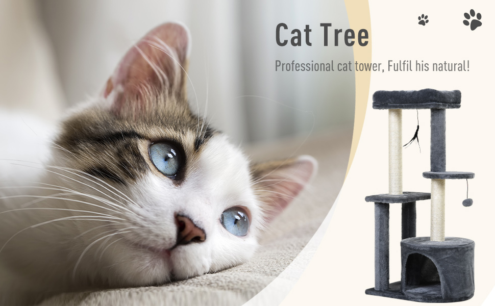 PawHut Cat Multi-Activity Tree Tower with Perch House, Scratching Post, Play Ball 11 a