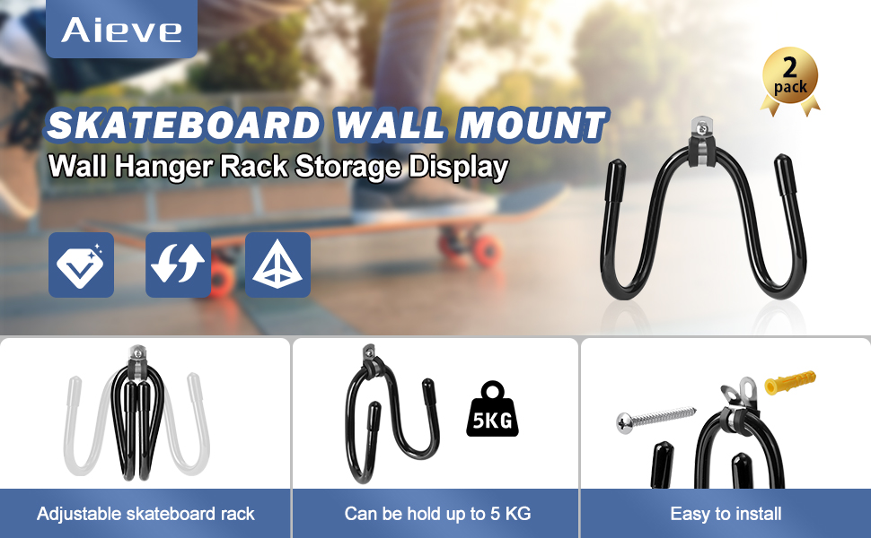 AIEVE Skateboard Wall Mount, 2 Pack Skateboard Hooks Hanger Skateboard