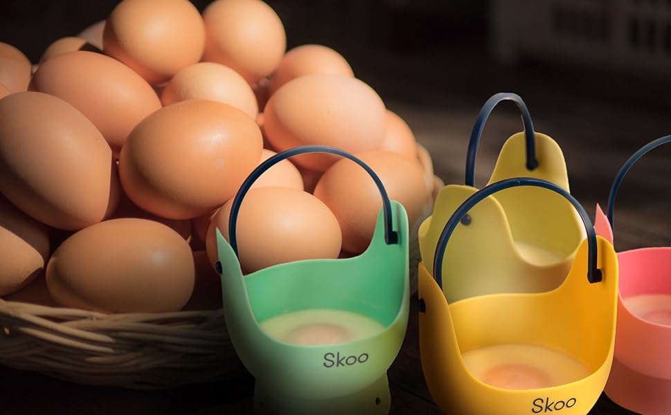 Egg Poacher Skoo Silicone Egg Poaching Cups + Lids Egg Cooker Set