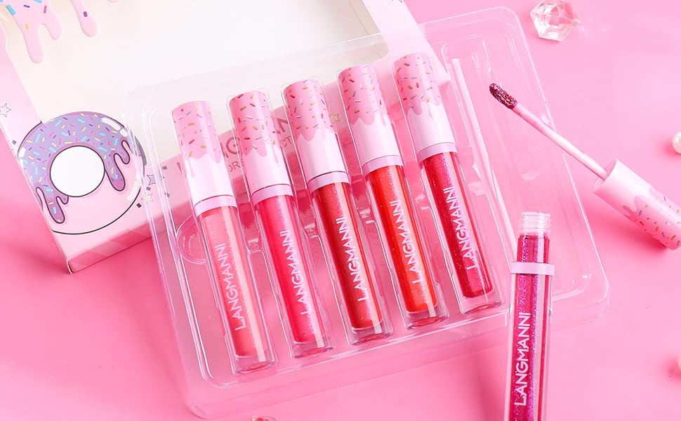 6PCS Set Donut Glitter Lip Gloss Shiny Diamond Liquid Lipstick Metallic Lip Color Lip Stains Tints