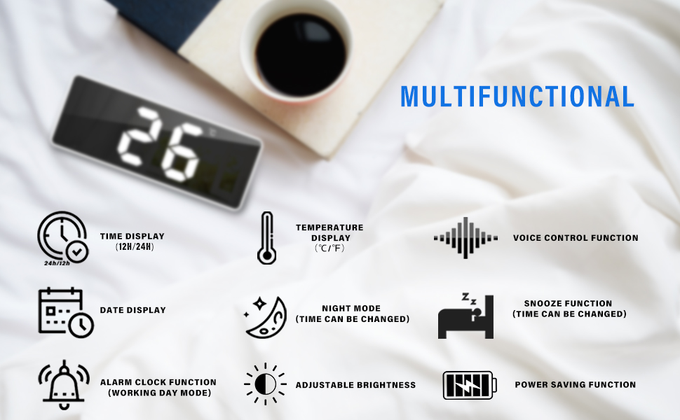 JQGo Alarm Clock Digital Battery Powered, LED Travel Alarm Clocks Beside Mains Powered Non