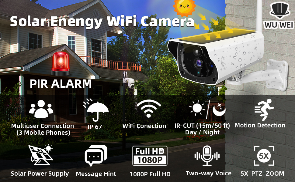 Outdoor Solar Security Camera 1080 HD Wireless WiFi Home Motion Detection Waterproof SD Card Battery