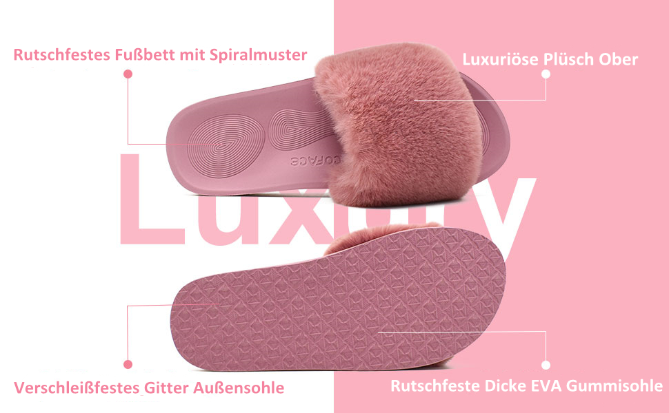 Damen Plüsch Hausschuhe Pelz Pantoffeln Latschen mit Fell fur Damen Bequem Warm Flauschige Schlappen