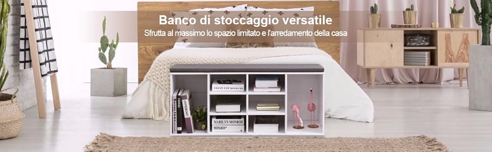 COSTWAY Scarpiera Salvaspazio Da Ingresso Con 10 Scomparti, Panca Contenitore Con Cuscino, Cassapanca Portascarpe 104 X 30 X 48cm, Bianco 16 1
