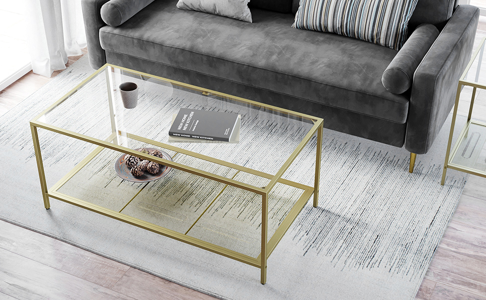 VASAGLE Table Basse, Table De Salon, Avec Dessus En Verre, étagère En Maille, Cadre En Métal, Stable, Pour Salon, Doré Et Transparent Par SONGMICS LGT031A01 14 1/