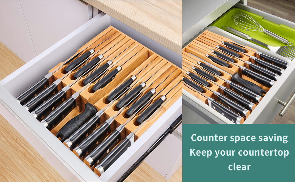 Utoplike inDrawer Bamboo Knife Block Drawer Organizer and Holder,fit