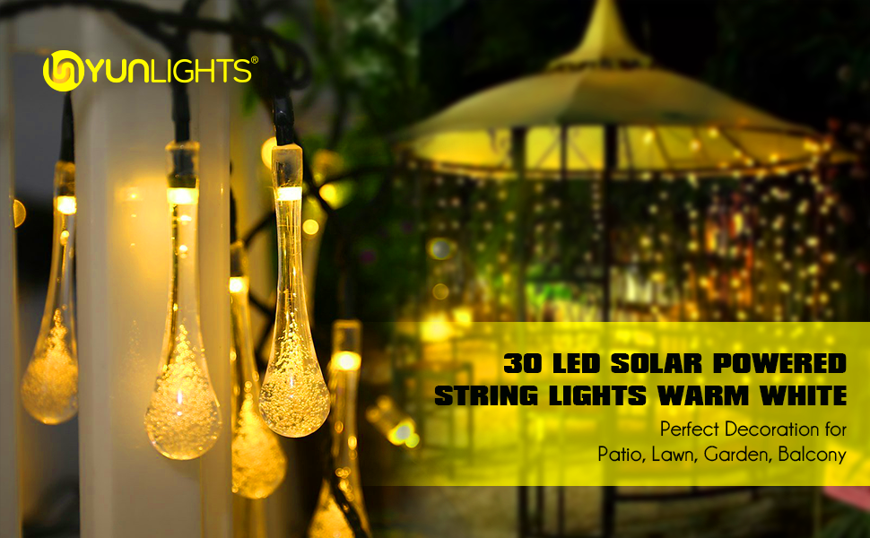 YUNLIGHTS Solar String Lights, 21.3feet 30 LED Water Drop Fairy Lights