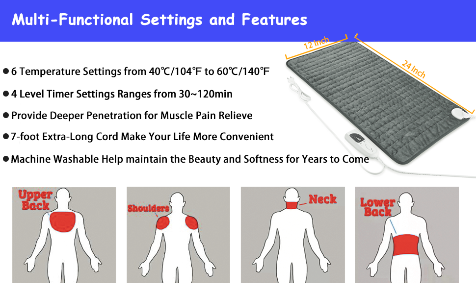 24"x12“ Electric Heating Pad for Back Pain Muscle Pain