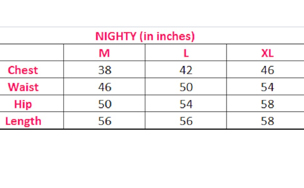 Size chart, nighty, piu 