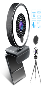 Streaming Webcam, 2K Full HD Computer Camera with Ring Light and Dual Microphone