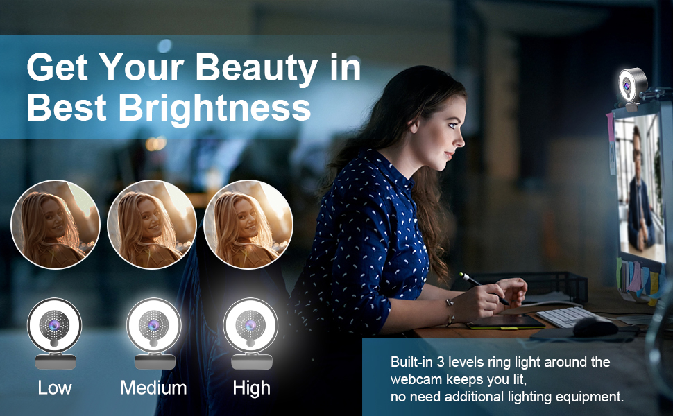 Streaming Webcam, 2K Full HD Computer Camera with Ring Light and Dual Microphone