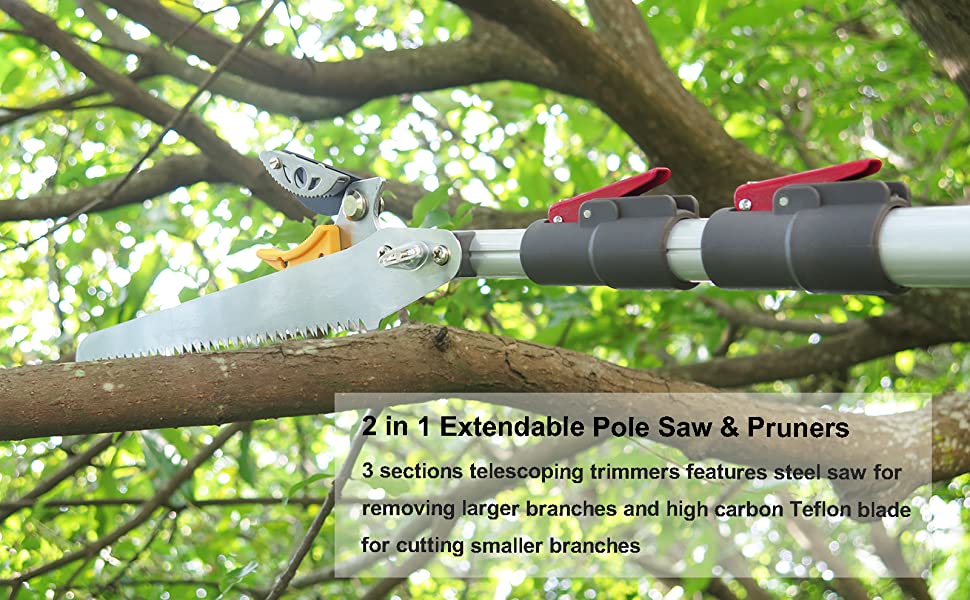 Mesoga 4.610 Foot Extendable Tree Pruner, Cut and Hold Pruning Trimmer, Long Reach Pole Saw