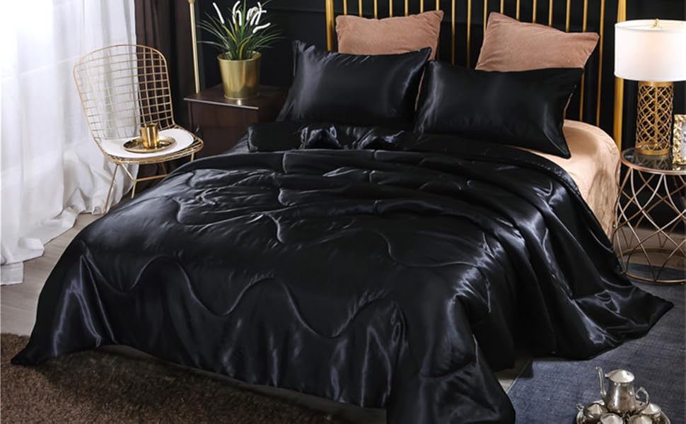 Holawakaka Solid Satin Silk Like Quilt Set Luxury Ultra