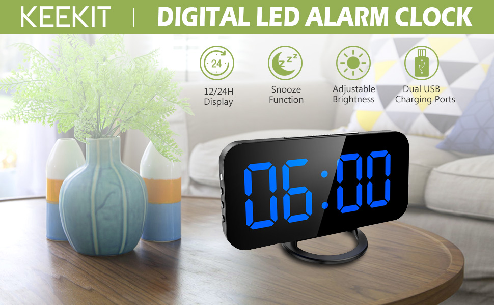 KeeKit Digital LED Alarm Clock, Large 6.5" Mirror Surface Alarm Clock