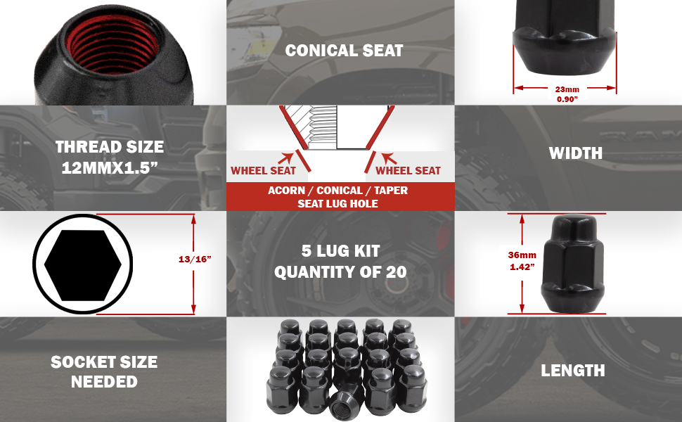 Wheel Accessories Parts Set of 20 Lug Nut Closed End Bulge Acorn Lug Nuts 1.38” Long Cone Seat
