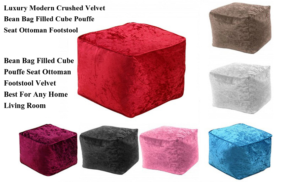 ComfortStyle Silver Cube Bean Bag Seat Crushed Velvet Fabric Indoor