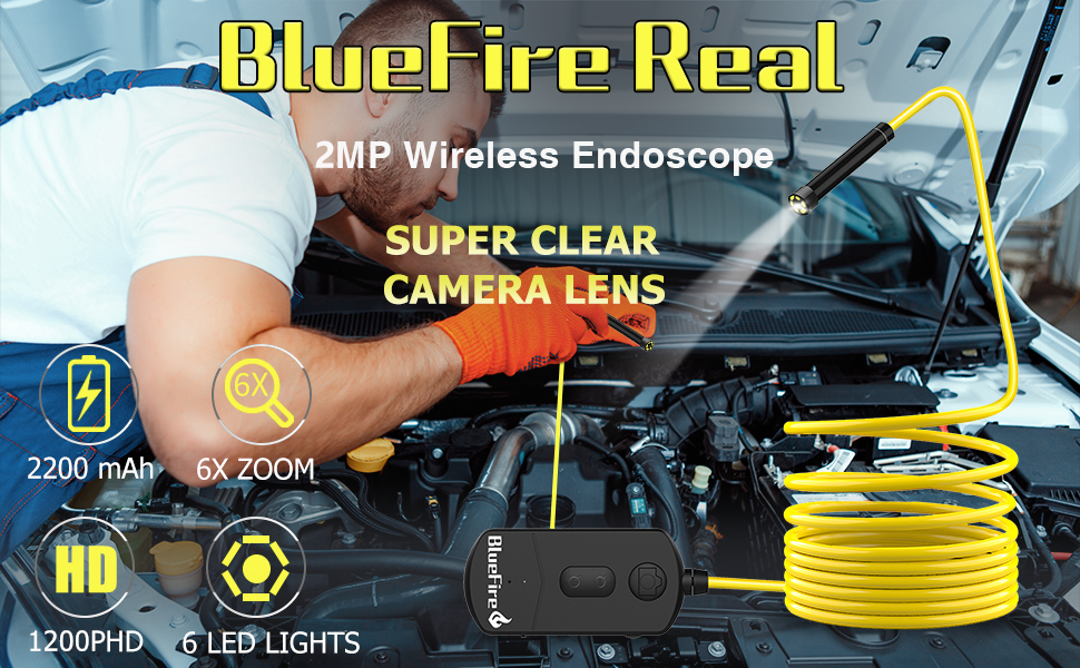 BlueFire 2.0MP Wide Angle Wireless Endoscope, 1080P HD WiFi Borescope