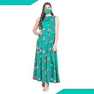 B08FHCRS2F RUDRAKRITI Women Crepe Green Floral Flared Dress with Free mask SPN FOR-1
