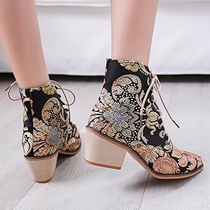 Nuheel® Woman Women's Vintage Ankle Boots Embroidered Low Block Heel 60 ankle boots for women