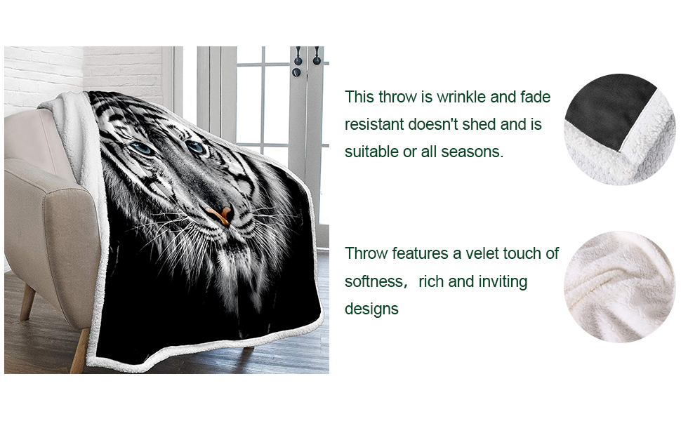 WONGS BEDDING Tiger Throw Blanket White Tiger Sherpa